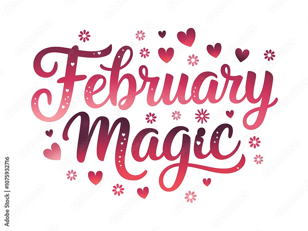 Handwritten February Magic Text With Red Hearts and Flowers Handwritten February Magic Text With Red Hearts and Flowers