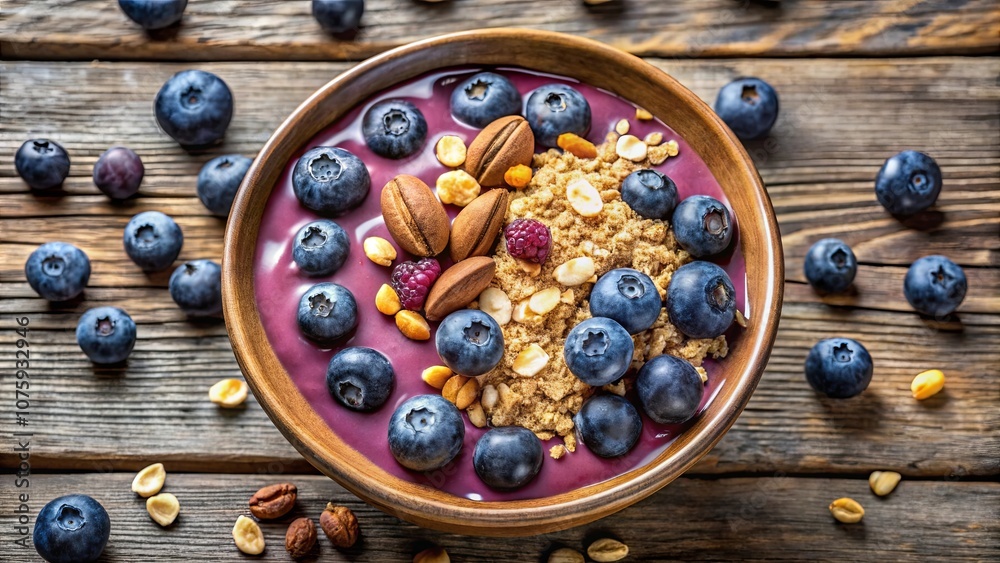 A Bowl of Purple Smoothy Topped with Blueberries, Crunchy Granola, and Almonds on a Rustic Wooden Table