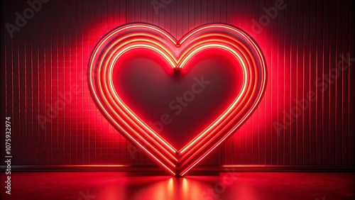 A luminous red heart-shaped neon sign illuminates a dark room, casting a warm glow on the smooth floor and reflecting against the textured wall.