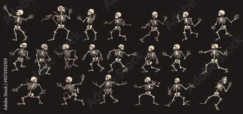 A collection of playful skeleton illustrations dancing and posing against a dark background, perfect for Halloween themes and creative projects.