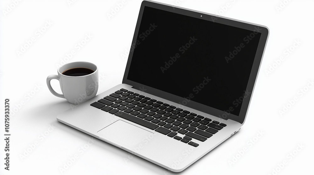 Laptop with a coffee cup, simple workspace setup for remote work or office. Suitable for marketing or business purposes. Panoramic banner with place for text Laptop with a coffee cup, simple workspace setup for remote work or office. Suitable for marketing or business purposes. Panoramic banner with place for text