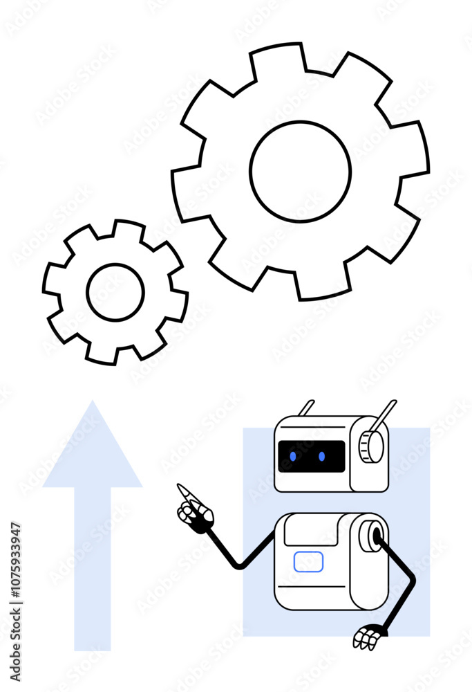 Robot pointing with hand two gears in background, upward arrow nearby. Ideal for technology, innovation, automation, progress, robotics, engineering, and growth. Line metaphor Robot pointing with hand two gears in background, upward arrow nearby. Ideal for technology, innovation, automation, progress, robotics, engineering, and growth. Line metaphor