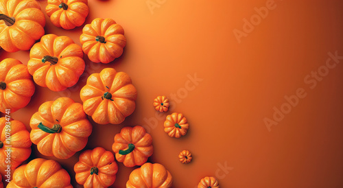 Bright orange pumpkins of various sizes arranged artistically against a warm orange backdrop, perfect for fall decorations and themes photo