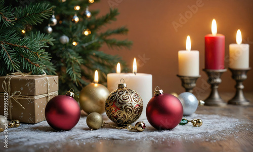 A Christmas tree with a box on the ground and a bunch of candles and ornaments