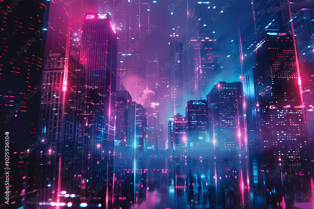 Fototapeta premium Futuristic cityscape at night, showcasing vibrant hues of pink and blue, with a surreal, neon ambiance and reflective surfaces.