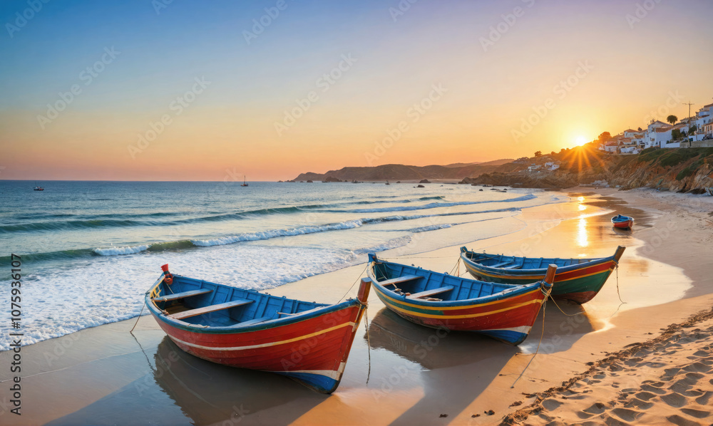 Three boats are sitting on the beach, with the sun setting in the background Three boats are sitting on the beach, with the sun setting in the background