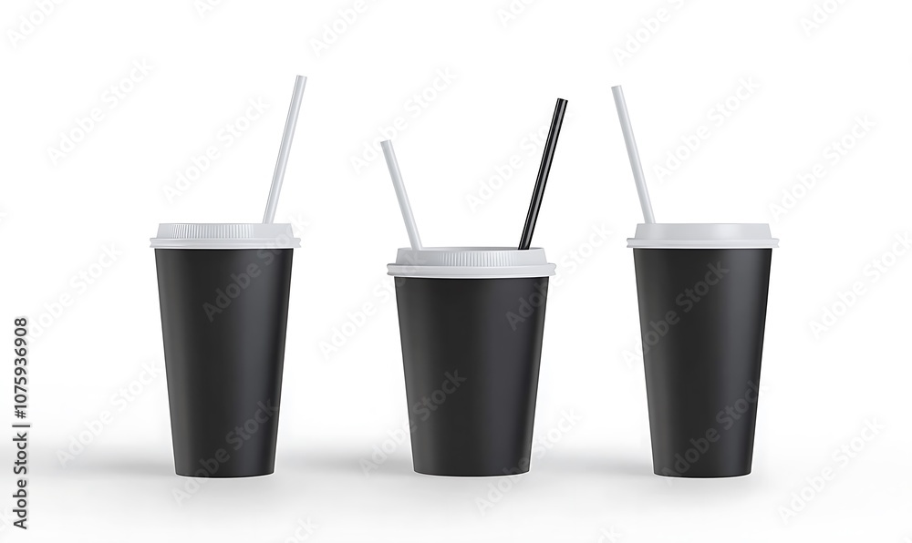 Black disposable cup straw mockup set isolated, 3d rendering. Empty paper soda drinking mug mockup Black disposable cup straw mockup set isolated, 3d rendering. Empty paper soda drinking mug mockup