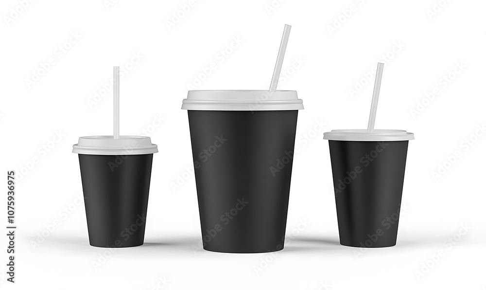 Black disposable cup straw mockup set isolated, 3d rendering. Empty paper soda drinking mug mockup Black disposable cup straw mockup set isolated, 3d rendering. Empty paper soda drinking mug mockup