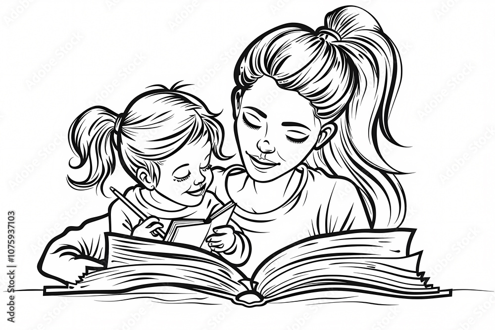 A joyful scene of a mother and daughter, a Caucasian woman and her young daughter, bonding over a big book while drawing together. A joyful scene of a mother and daughter, a Caucasian woman and her young daughter, bonding over a big book while drawing together.