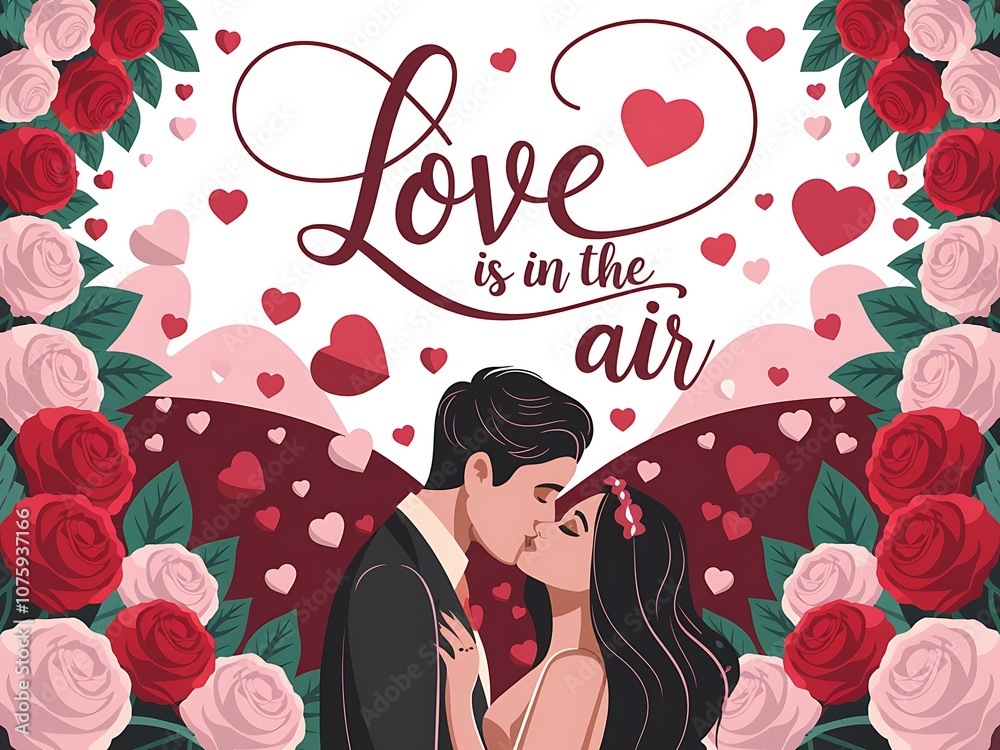 A Romantic Couple Kissing Surrounded by Roses and Hearts A Romantic Couple Kissing Surrounded by Roses and Hearts