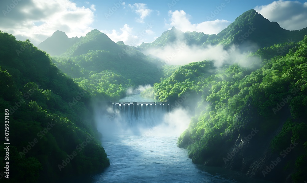 Fototapeta premium A serene landscape featuring a river flowing through lush green mountains, shrouded in mist and bathed in soft sunlight.