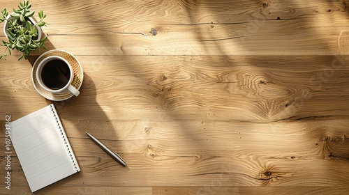 Wooden Table with Coffee, Notebook, Pen, and Plant