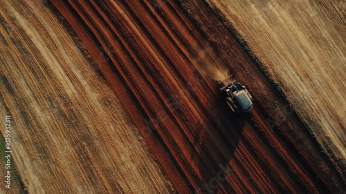 An aerial view of a tractor working a field, leaving a trail of dust.