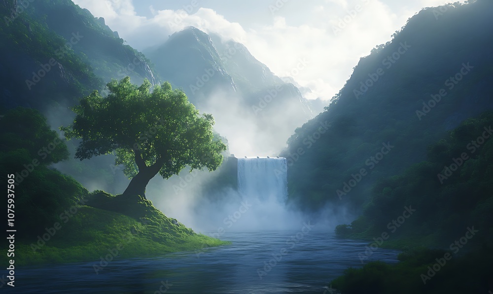 Fototapeta premium A serene landscape featuring a waterfall surrounded by lush greenery and misty mountains, creating a tranquil and enchanting atmosphere.