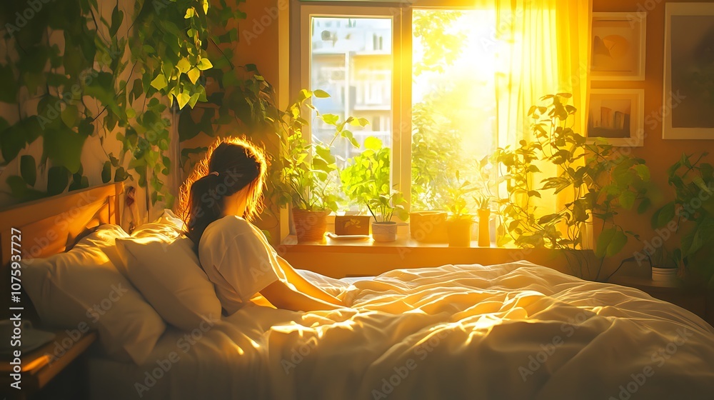 A serene morning scene with a person enjoying sunlight and plants by the window in a cozy bedroom.