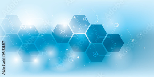 Blue abstract background with futuristic technology and science elements design and hexagonal geometric shapes.