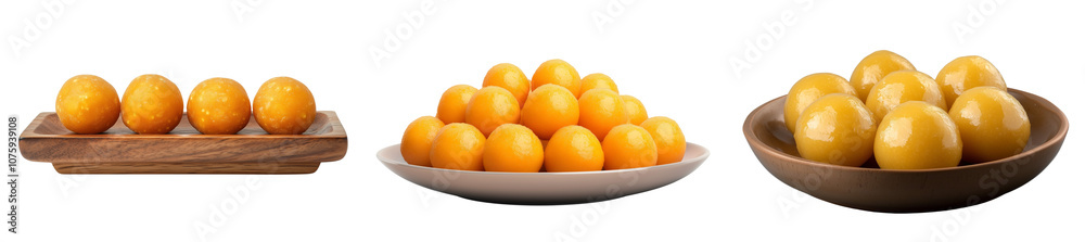 Laddu on a dish, isolated on a transparent background.