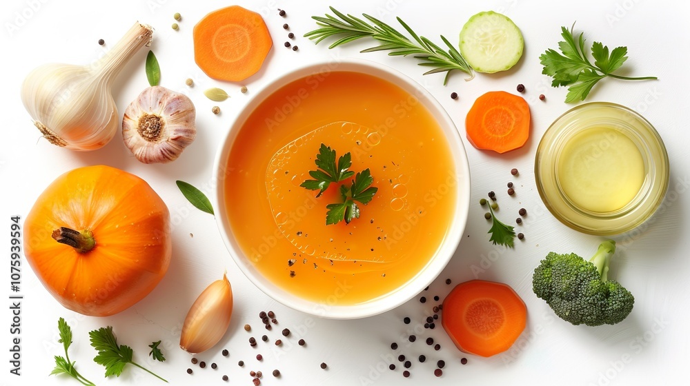 Vegetable soup isolated on white background, top view Vegetable soup isolated on white background, top view