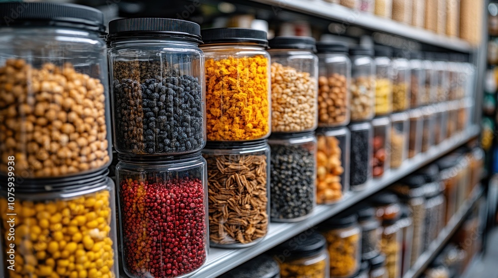 Variety of Grains and Beans in Glass Jars on Shelves Variety of Grains and Beans in Glass Jars on Shelves