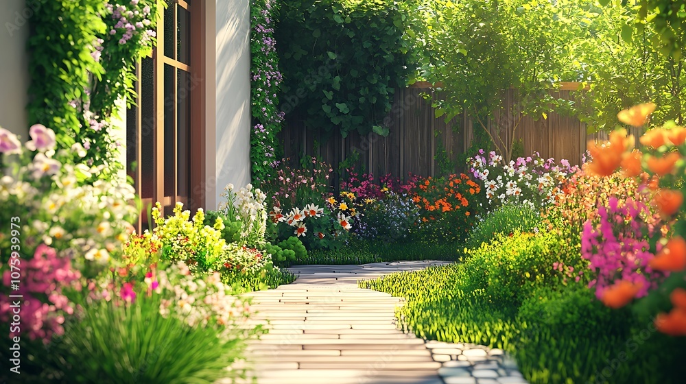 Obraz premium A vibrant garden path surrounded by colorful flowers and lush greenery, inviting tranquility and beauty.