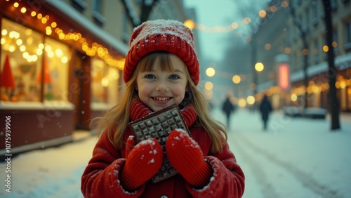 girl with chocolate on the street in winter