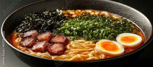 Delicious Bowl of Ramen with Nori, Green Onions, Egg, and Pork