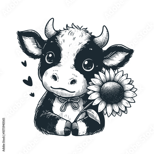 Cow holding sunflower. Black white vector illustration.