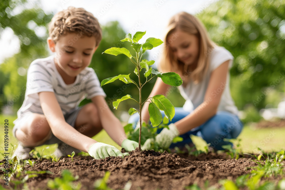 Children planting young tree in garden, showcasing teamwork and care for environment. Their joyful expressions reflect importance of nurturing nature together Children planting young tree in garden, showcasing teamwork and care for environment. Their joyful expressions reflect importance of nurturing nature together