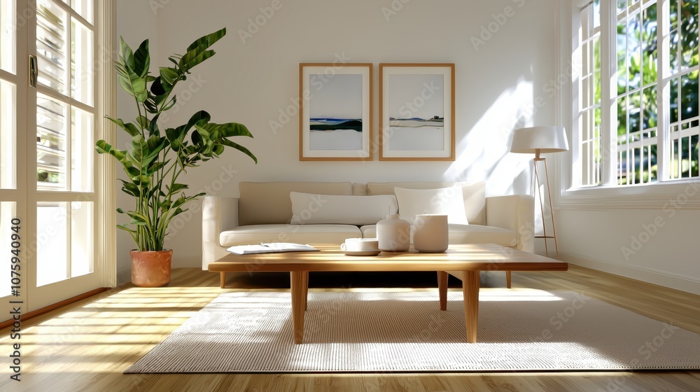 A bright, modern living room featuring a sofa, coffee table, plant, and artwork, creating a cozy and welcoming atmosphere. A bright, modern living room featuring a sofa, coffee table, plant, and artwork, creating a cozy and welcoming atmosphere.