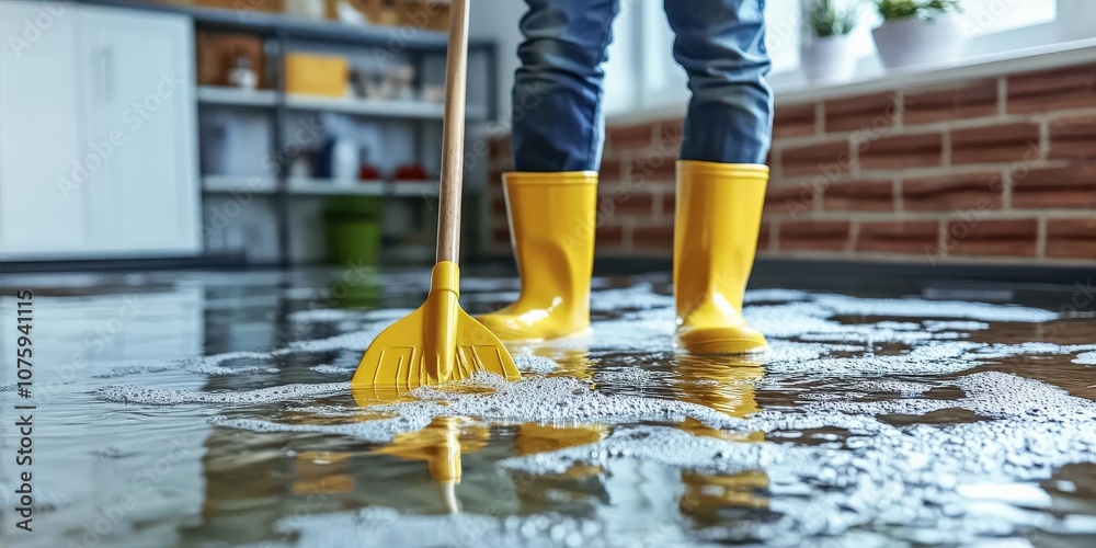 A man in rubber boots washes a flooded floor, paying special attention to cleaning and repairing water damage. Flood response, maintenance and disaster recovery concept A man in rubber boots washes a flooded floor, paying special attention to cleaning and repairing water damage. Flood response, maintenance and disaster recovery concept