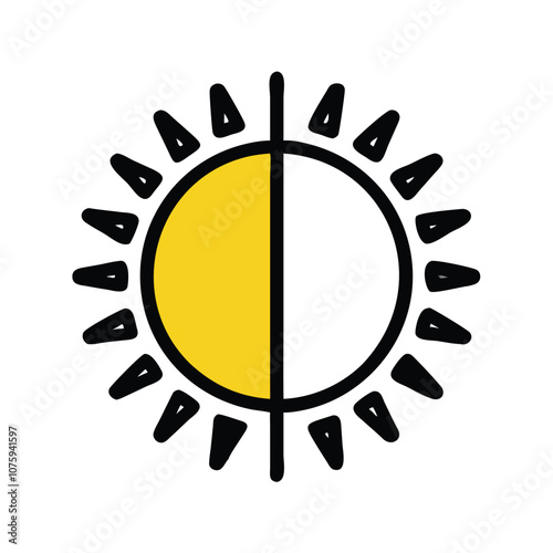 Day and night sun icon with rays, Vector illustration of a sun icon split into day and night halves, featuring sun rays, symbolizing brightness and contrast.
