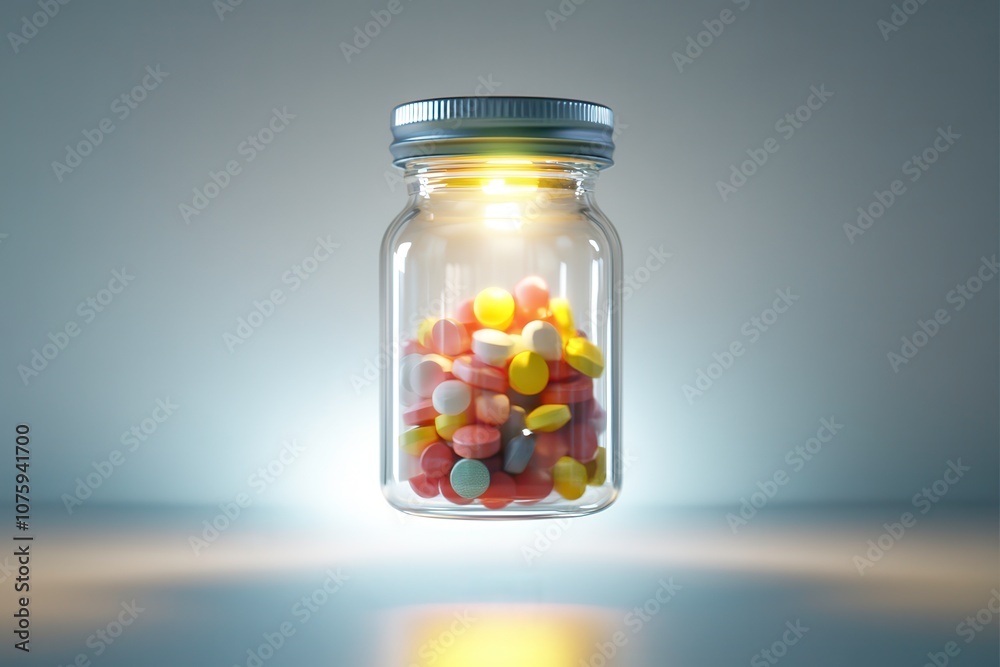 Colorful Pills Floating in Glass Jar with Reflection Colorful Pills Floating in Glass Jar with Reflection