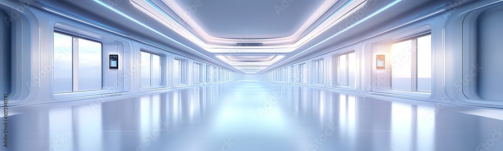 Obraz premium A sleek, futuristic corridor with glowing lights and large windows, creating a modern and spacious ambiance.