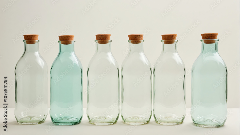 Reusable Glass Bottles on Minimal Light Background with Symmetry and Negative Space Reusable Glass Bottles on Minimal Light Background with Symmetry and Negative Space