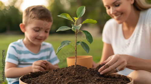 family planting young tree together, fostering love for nature and sustainability. child and parent share joyful moment while nurturing environment photo