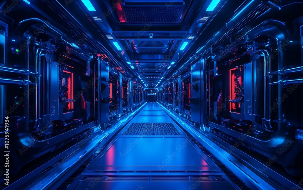 A futuristic corridor featuring glowing blue and red lights, with metallic structures and a sci-fi atmosphere. A futuristic corridor featuring glowing blue and red lights, with metallic structures and a sci-fi atmosphere.