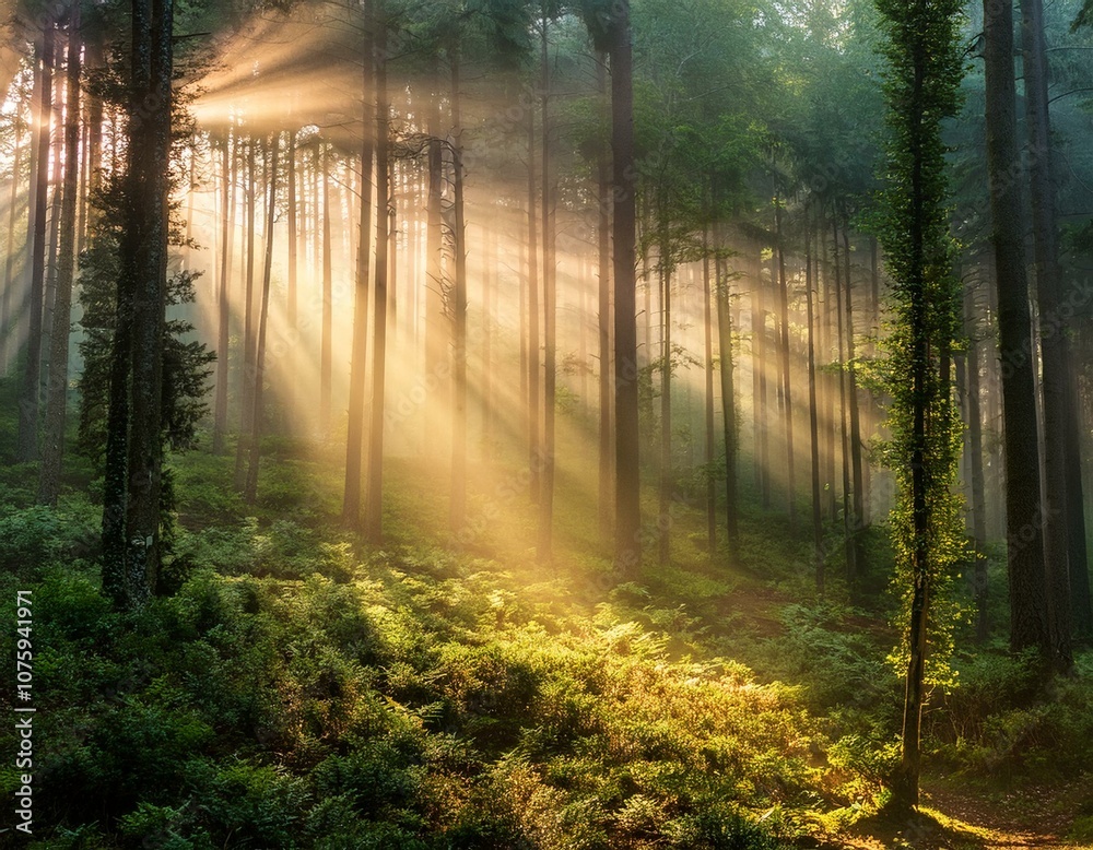 Fototapeta premium Misty Forest with Sun Rays