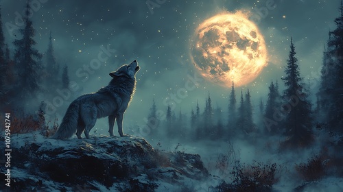 A wolf howls at the full moon in a snowy forest.