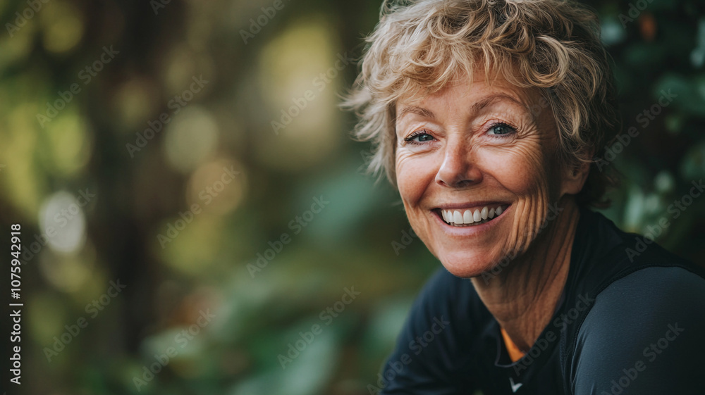Smiling older woman enjoying nature in a lush green setting on a sunny day Smiling older woman enjoying nature in a lush green setting on a sunny day