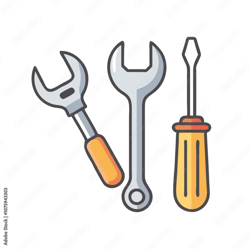 Toolkit icon with wrench and screwdriver, Vector illustration of a toolkit featuring an adjustable wrench, spanner, and flathead screwdriver, symbolizing repair and maintenance tools.
Toolkit icon with wrench and screwdriver, Vector illustration of a toolkit featuring an adjustable wrench, spanner, and flathead screwdriver, symbolizing repair and maintenance tools.