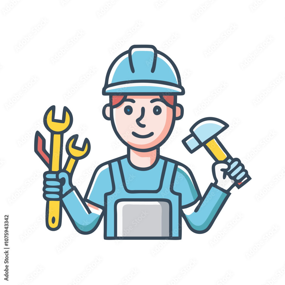 Construction worker icon with tools and hard hat, Vector illustration of a construction worker holding a hammer and wrench, wearing a hard hat and safety gear, symbolizing building and repair services Construction worker icon with tools and hard hat, Vector illustration of a construction worker holding a hammer and wrench, wearing a hard hat and safety gear, symbolizing building and repair services