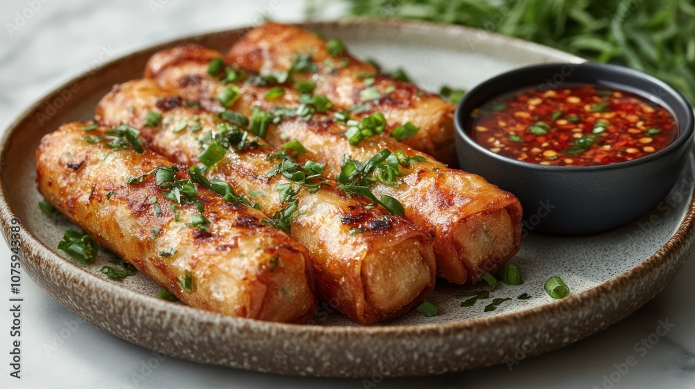 Crispy Spring Rolls with Spicy Dipping Sauce Crispy Spring Rolls with Spicy Dipping Sauce