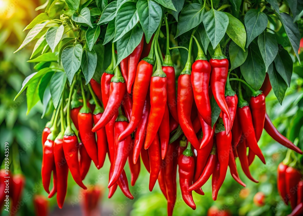 Panoramic View of Lush Green Plant with Vibrant Raw Red Peppers Hanging, Showcasing the Beauty of Fresh Produce in a Natural Garden Setting Panoramic View of Lush Green Plant with Vibrant Raw Red Peppers Hanging, Showcasing the Beauty of Fresh Produce in a Natural Garden Setting