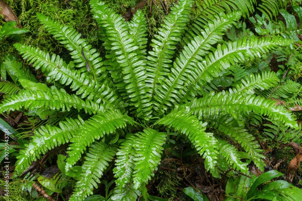 Fern leaves foliage in the forest. Young fern leaf shoots with rain drops in the spring Fern leaves foliage in the forest. Young fern leaf shoots with rain drops in the spring