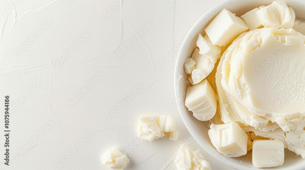 Palm oil shea butter. A creamy bowl of butter with chunks on a light background, ideal for cooking or baking. Palm oil shea butter. A creamy bowl of butter with chunks on a light background, ideal for cooking or baking.