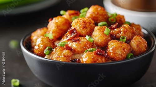 Savory Bubbling Dish of Chicken, Bacon, and Tater Tot Casserole Perfectly Topped with Fresh Green Onions in a Stylish Black Bowl