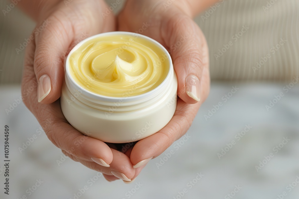 Palm oil shea butter. A person holds a small jar of yellow cream, suggesting skincare or cosmetic use, with a soft, smooth texture visible on the surface. Palm oil shea butter. A person holds a small jar of yellow cream, suggesting skincare or cosmetic use, with a soft, smooth texture visible on the surface.