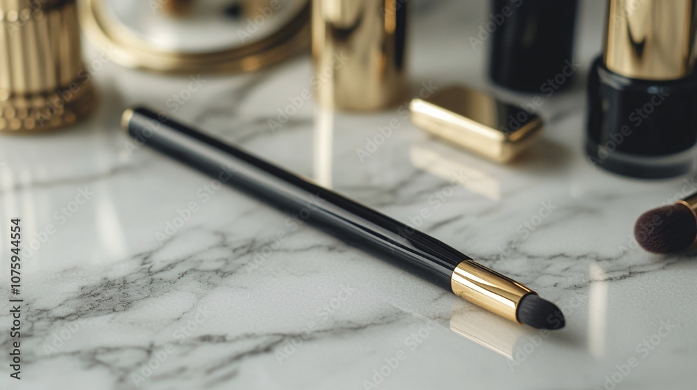 Naklejka premium Close-Up of a High-Quality Angled Eyeliner Brush Resting on a Marble Surface Surrounded by Various Makeup Products with Reflections and Textures