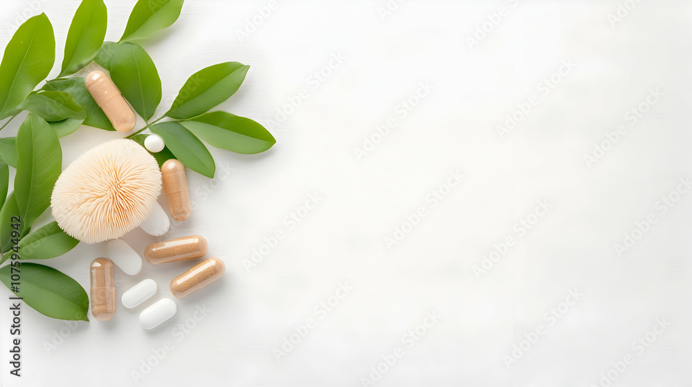 overhead flat lay view of lions mane mushroom with vitamin supplement tablets overhead flat lay view of lions mane mushroom with vitamin supplement tablets