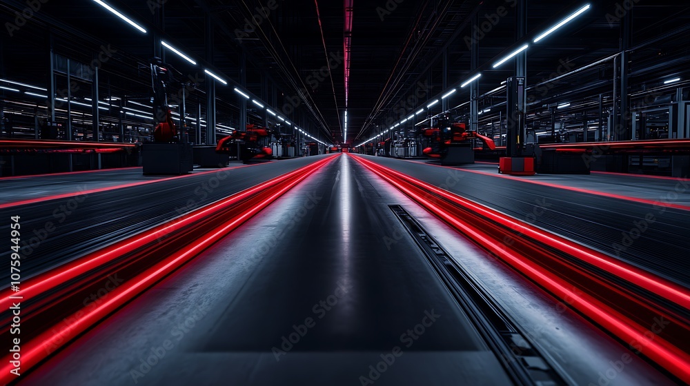 Fototapeta premium A futuristic industrial setting featuring illuminated pathways and a dark environment, highlighting advanced technology and automation.
